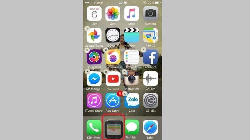 bấm và giữ biểu tượng ứng dụng Wallet