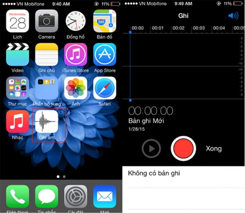 Nhấp vào icon để mở ứng dụng ghi âm