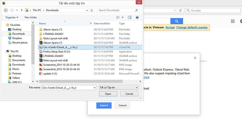 Chọn nơi lưu danh bạ rồi nhập tệp tin