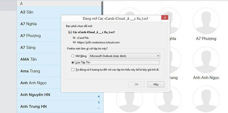 Chọn bánh răng một lần nữa và chọn xuất vCard lưu lại file này trên máy tính
