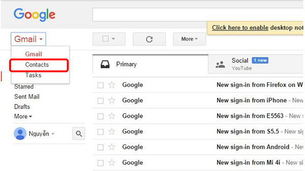 Ở góc trên bên trái màn hình, chọn Gmail đến Danh bạ