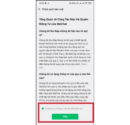 Chấp nhận những điều khoản của Wechat