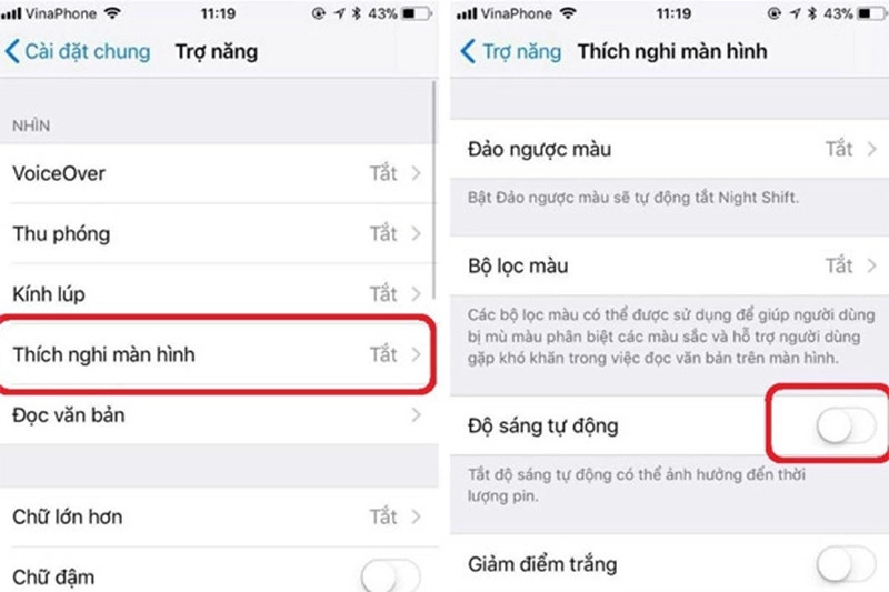 tắt tự động điều chỉnh độ sáng màn hình