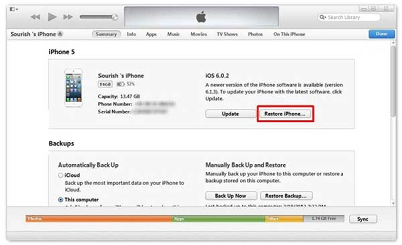 Chọn Restore cho iPhone