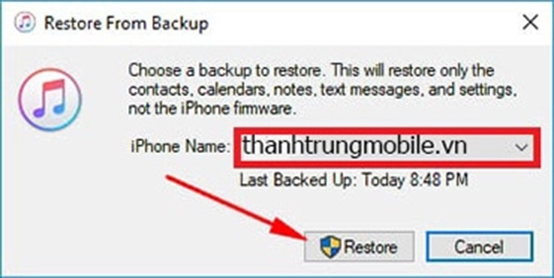 nhấn vào Resore để tiến hành khôi phục lại