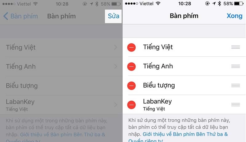 Nhấp vòa sửa và xóa bàn phím còn lại