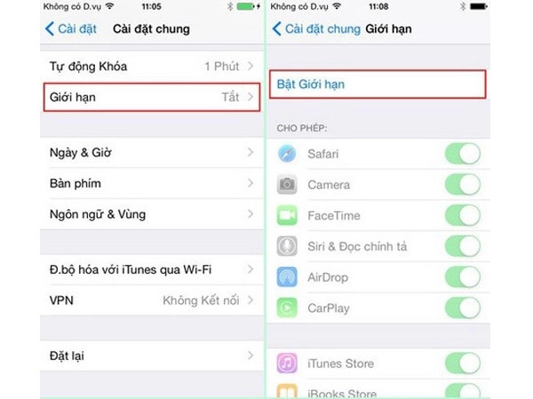 Bật giới hạn trong mục Cài đặt chung