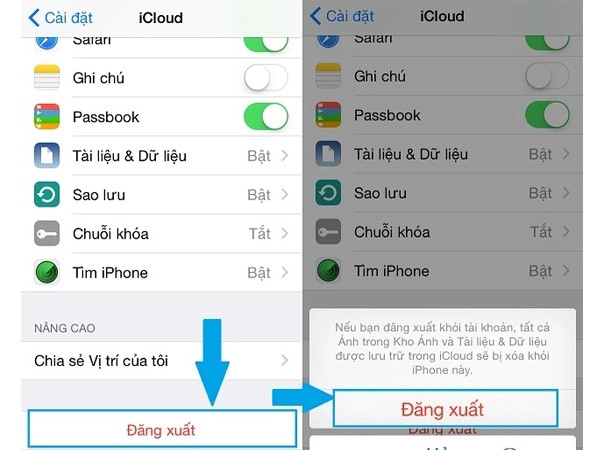 Đăng xuất để thay đổi tài khoản icloud mới