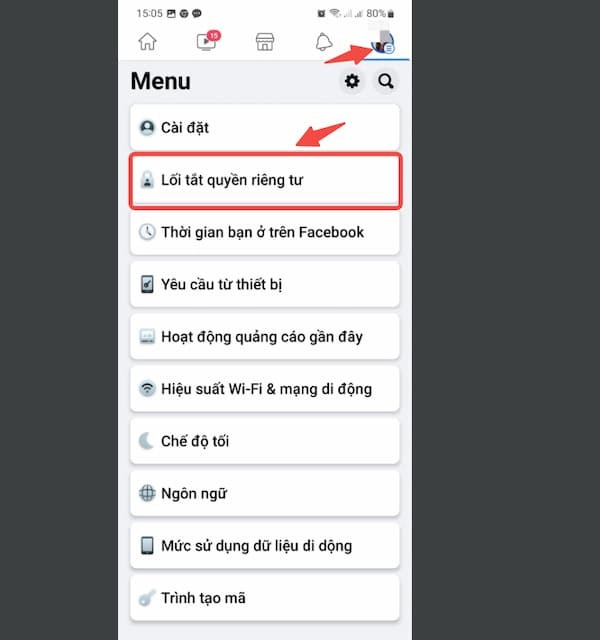 Chọn Lối tắt quyền riêng tư