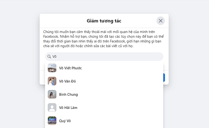 Nhập tìm người mà mình muốn giảm tương tác