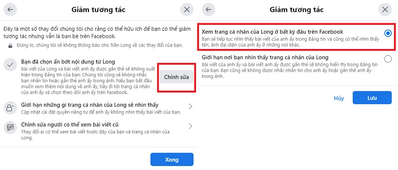 Bấm vào nút “Chỉnh sửa” nằm bên cạnh mục chọn giảm tương tác trước đó