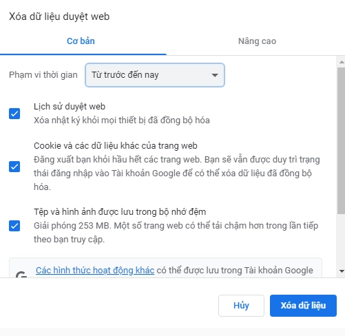 Giao diện xóa dữ liệu web Google Chrome