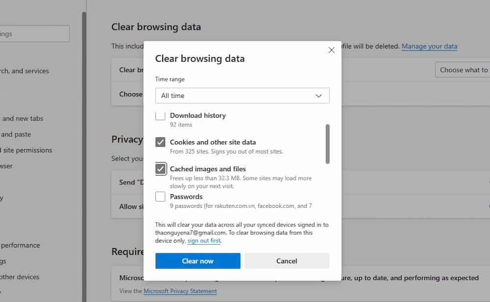 Click chọn vào Cookies and other site data và Cache images and files