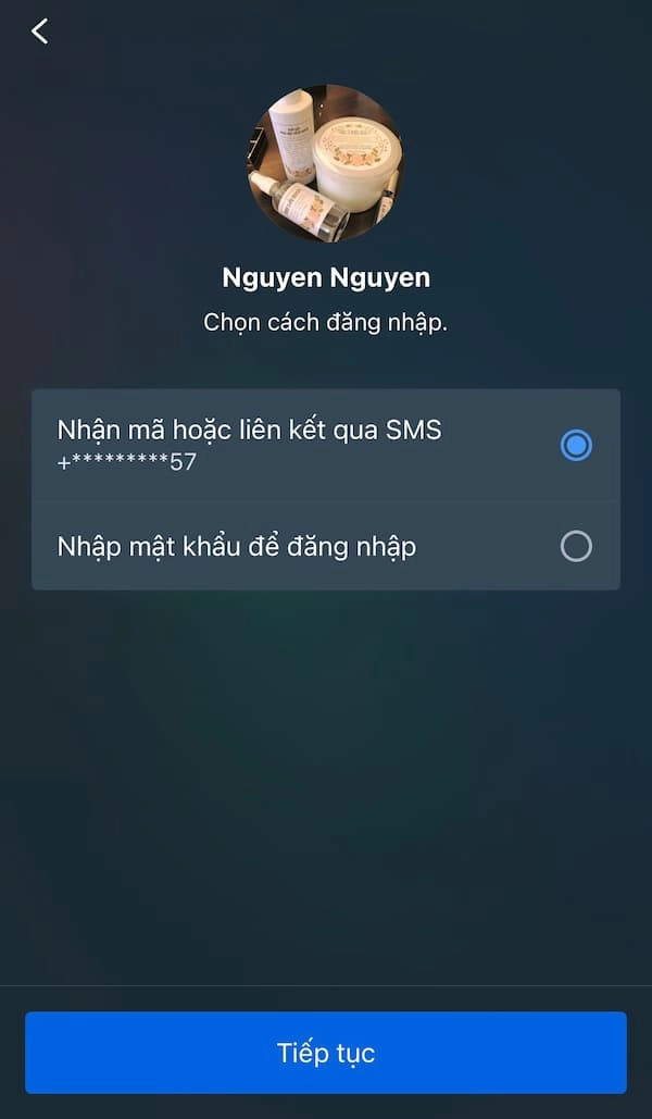Chọn nhận mã hoặc liên kết qua SMS