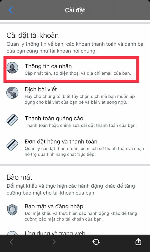 Chọn thông tin cá nhân