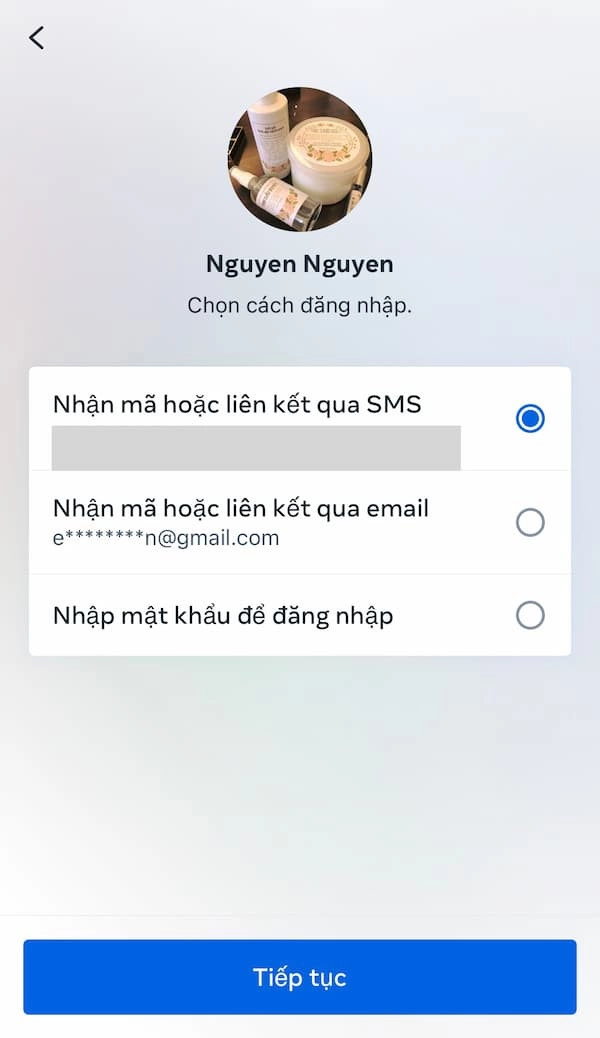 Chọn nhập mã hoặc liên kết qua email