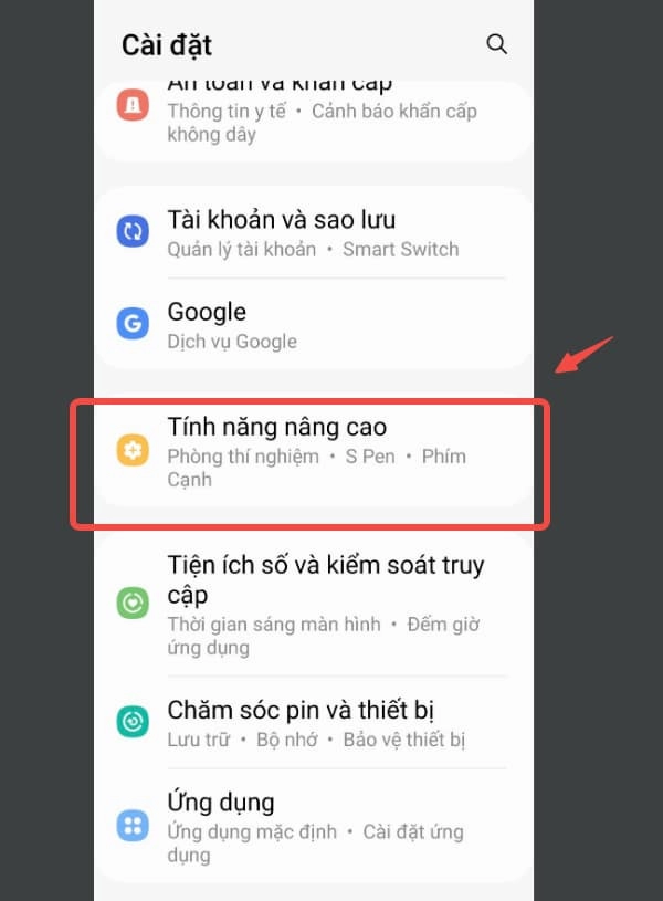 Chọn tính năng nâng cao trong Cài đặt