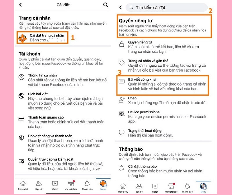 Tiếp tục chọn Cài đặt trang cá nhân đến quyền riêng tư