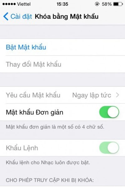 Ấn chọn Bật mật khẩu để cài đặt mật khẩu