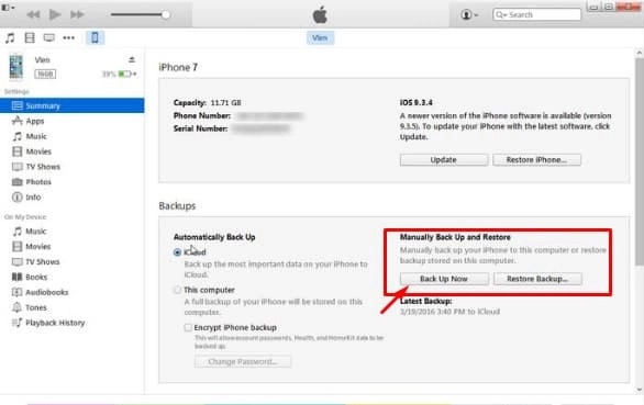 Chọn Back up now để sao lưu cho iPhone 7 Plus