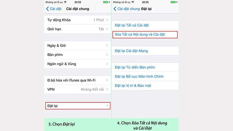 Chọn xóa tất cả nội dung và cài đặt