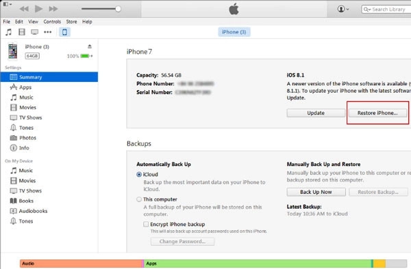 Chọn Summary rồi chọn Restore iPhone