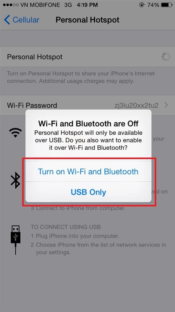 chọn Turn on Wi-Fi and Bluetooth