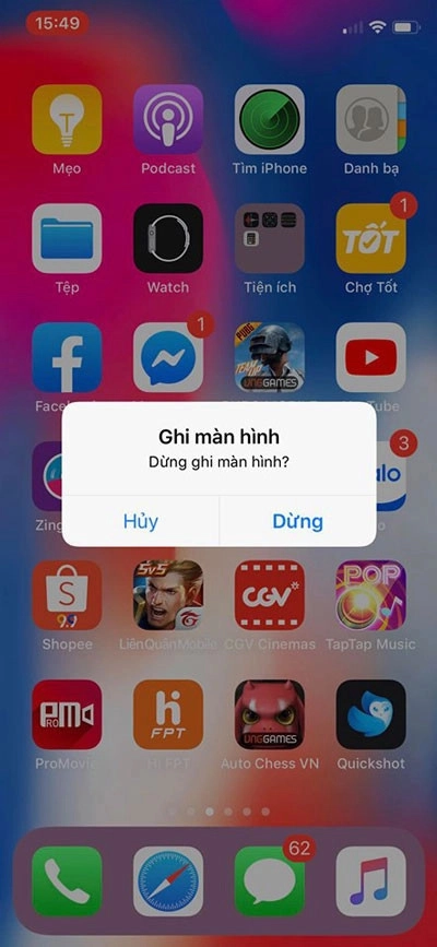 Lựa chọn ghi, hủy màn hình