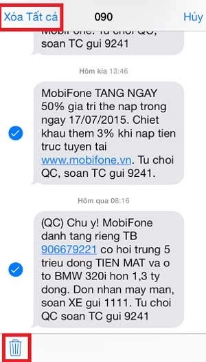 Bạn nhấp tick vào những ô tin nhắn bạn muốn xóa