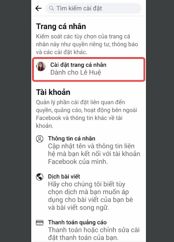 Cài đặt trang cá nhân