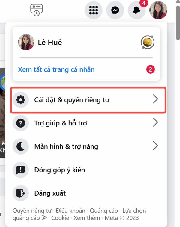 Cài đặt & Quyền riêng tư để mở trình cài đặt