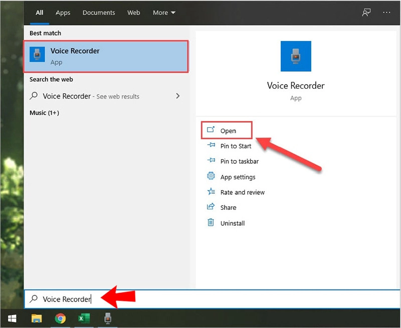 Nhập từ khóa tìm kiếm công cụ Voice recorder trên thanh tìm kiếm của Windows