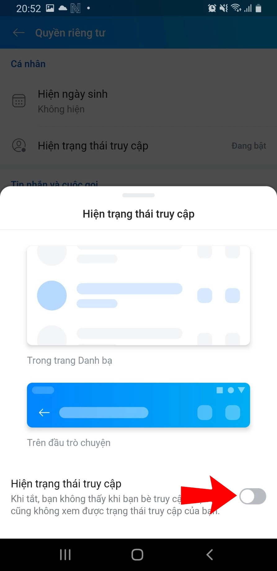 Gạt nút sang trái tắt màu xanh