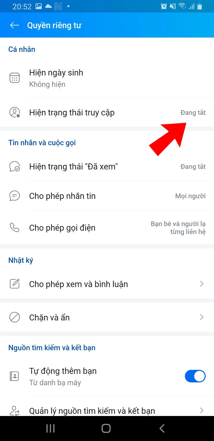 Hiện trạng thái truy cập biểu hiện Đang tắt