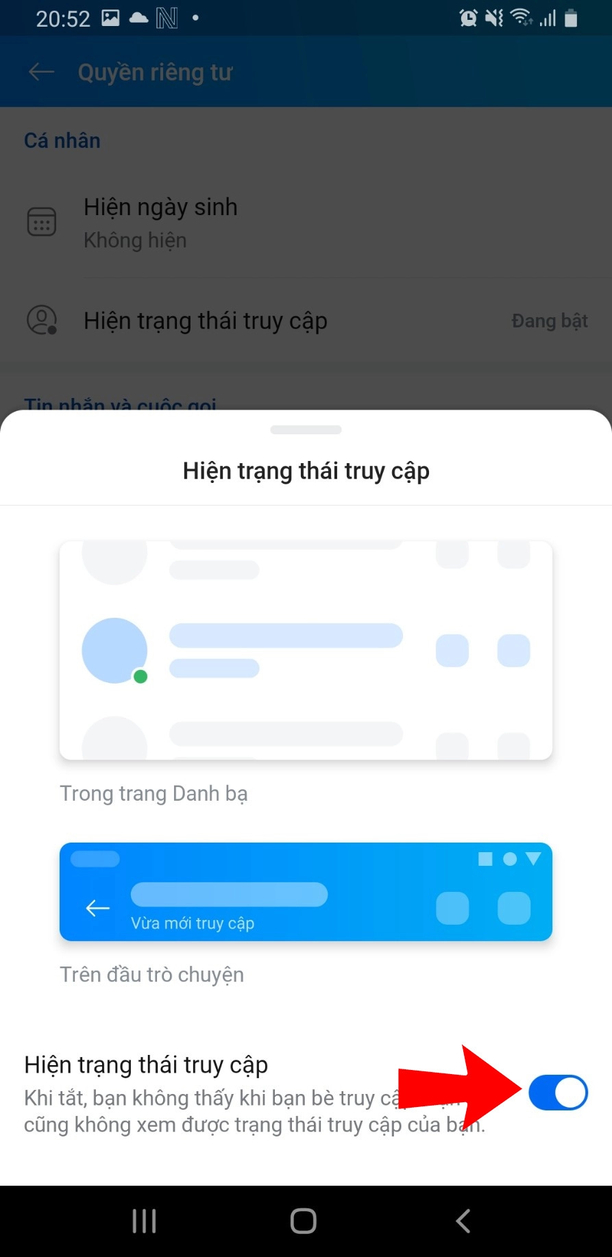 Gạt nút sang phải bật màu xanh