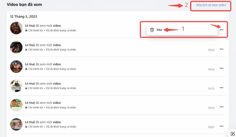 cách xóa lịch sử watch trên facebook 7