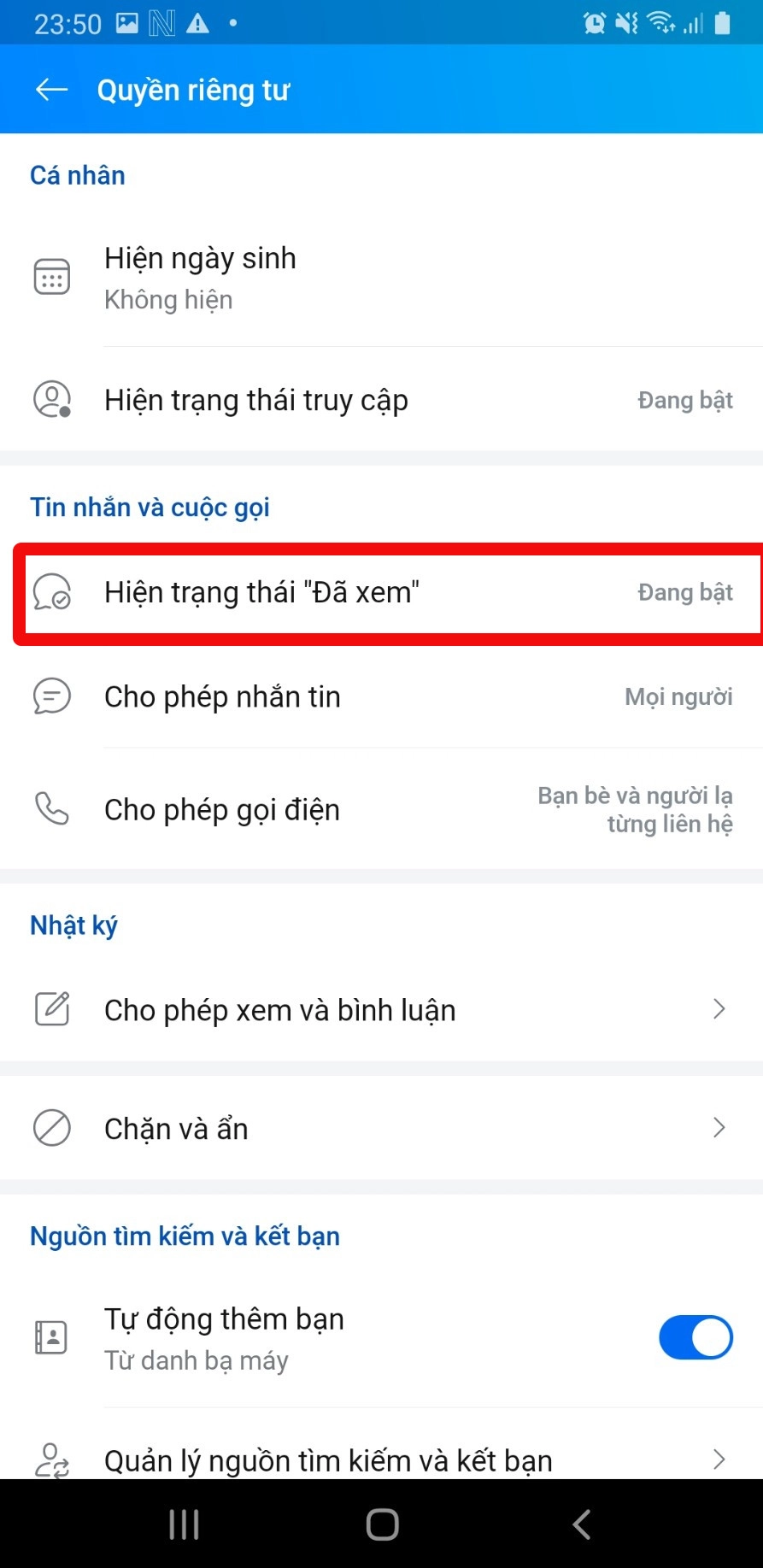 Chọn hiện trạng thái đã xem