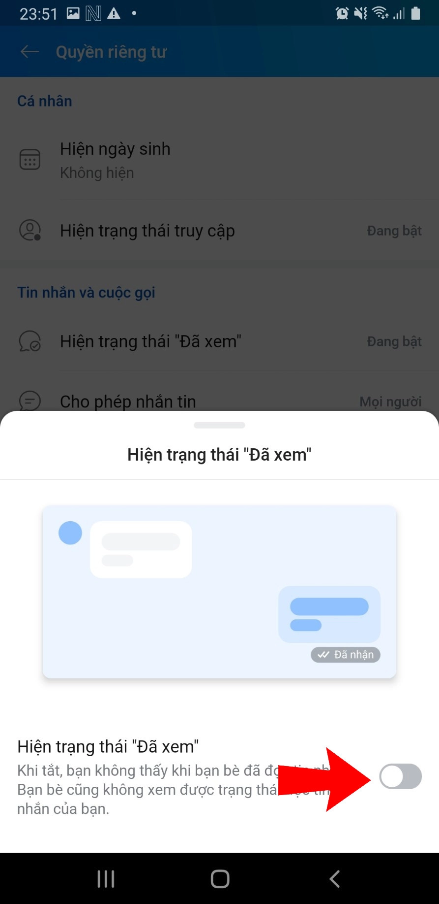 Tắt nút gạt màu xanh