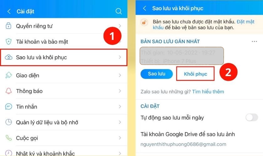 Chọn sao lưu và khôi phục