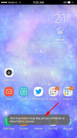 Kích hoạt thành công Screen Off and Lock