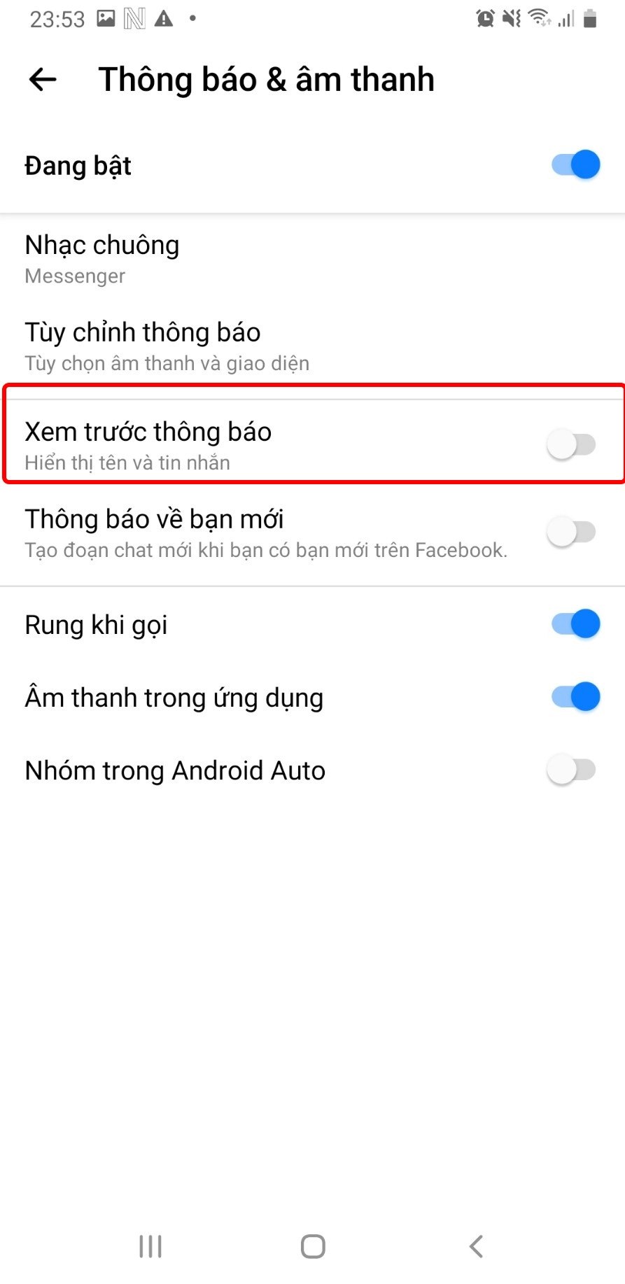 Tại xem trước thông báo gạt nút tắt màu xanh