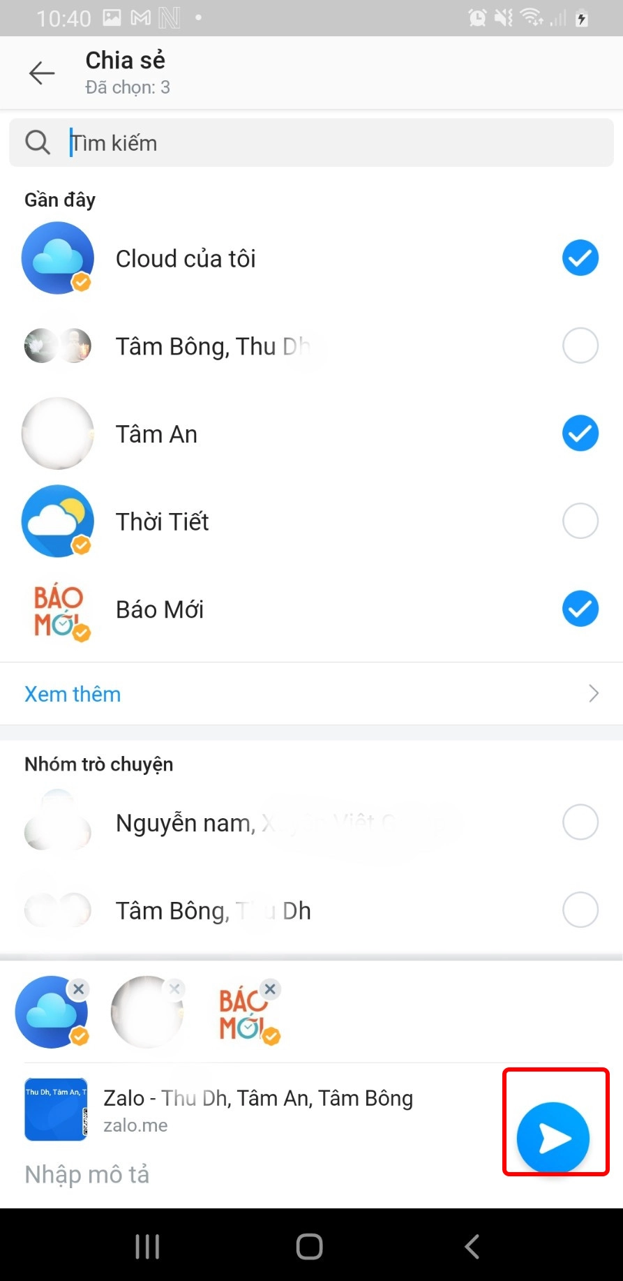 Chọn nút mũi tên tam giác để gửi link cho người muốn vào nhóm