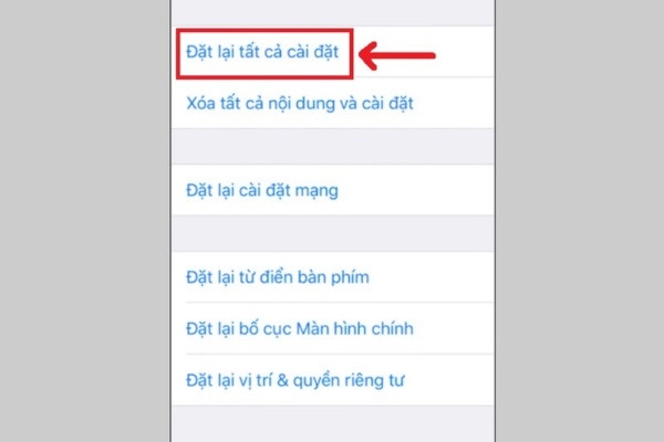 Chọn đặt lại tất cả cài đặt