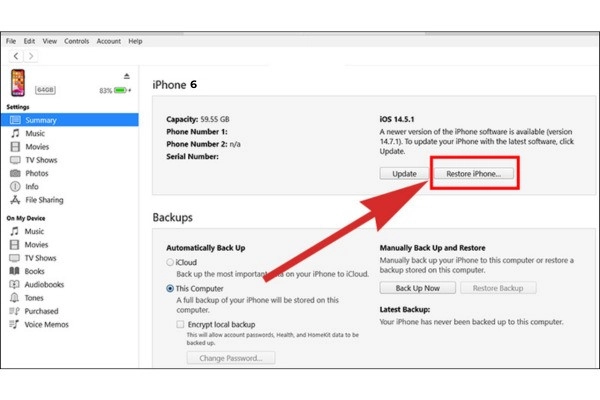Sao lưu dữ liệu thì nhấn vào Restore iPhone...