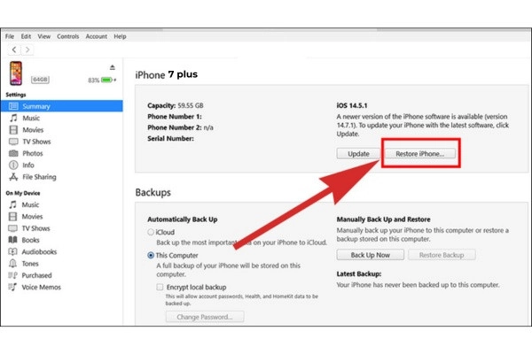 Chọn restore iPhone