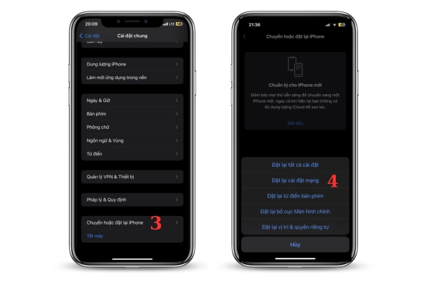 hoàn thành quá trình đặt lại mạng