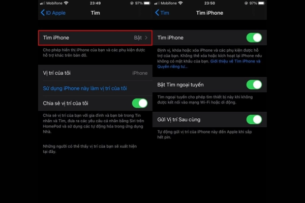 Tìm iphone và gạt công tắc