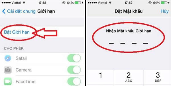 mật khẩu giới hạn mặc định của iPhone 1