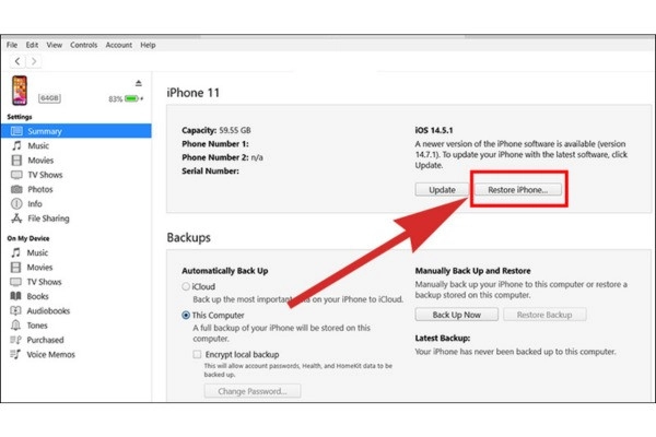 Sau đó chọn restore khi không sao lưu