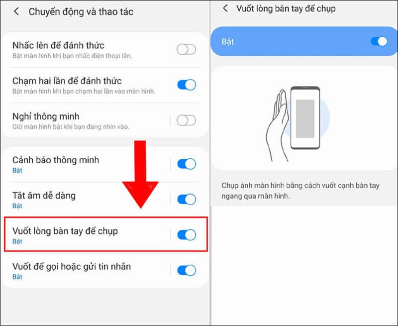 Vuốt lòng bàn tay ngang qua màn hình để chụp màn hình Samsung